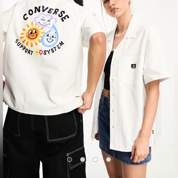 Converse Support System White Button Down Short Sleeve Shirt - Picture 1 of 8